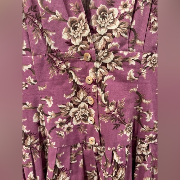 Vintage Herman Geist 100% Cotton Floral Retro Fit Maxi Purple Cream Dress 12 - Picture 5 of 14